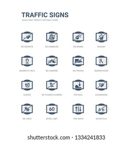 simple set of icons such as no bicycle, two ways, speed limit, no virus, lovemaking, pothole, no picking flowers, curves, narrow road, trucks. related traffic signs icons collection. editable 64x64