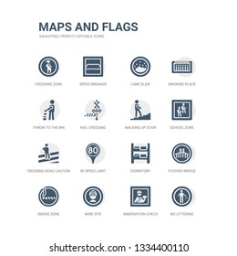 simple set of icons such as no littering, inmigration check point, mine site, smoke zone, flyover bridge, dormitory, 80 speed limit, crossing road caution, school zone, walking up stair. related