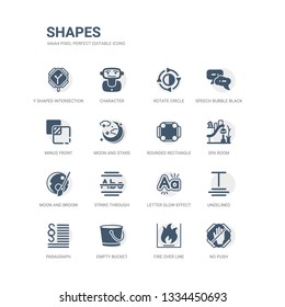 simple set of icons such as no push, fire over line, empty bucket, paragraph, undelined, letter glow effect, strike through, moon and broom, spa room, rounded rectangle. related shapes icons
