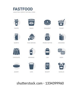 simple set of icons such as noodles, receipt, cups, bakery, sushi, can, beverage, chocolate, groceries, peanut butter. related fastfood icons collection. editable 64x64 pixel perfect.