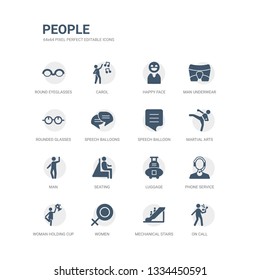 simple set of icons such as on call, mechanical stairs, women, woman holding cup, phone service, luggage, seating, man, martial arts, speech balloon. related people icons collection. editable 64x64