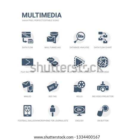 simple set of icons such as on button, english, microphone for journalists, football balloon, big video projector, rolls, seo tag, mailed, world wide, play button in broken line. related multimedia