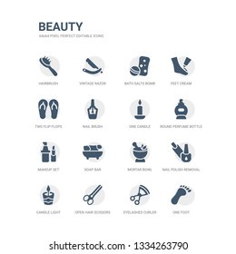 simple set of icons such as one foot, eyelashes curler, open hair scissors, candle light, nail polish removal, mortar bowl, soap bar, makeup set, round perfume bottle, one candle. related beauty