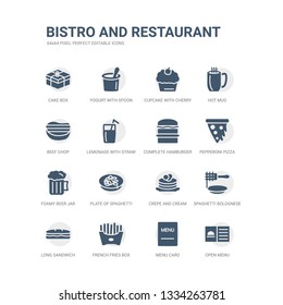 simple set of icons such as open menu, menu card, french fries box, long sandwich, spaghetti bolognese, crepe and cream, plate of spaghetti, foamy beer jar, pepperoni pizza slice, complete