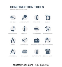 simple set of icons such as open paint bucket, carpenter cutter, school ruler, working shovel, garage screwdriver, businessman portfolio, gardening rake, clipper, repair screwdriver, stillson