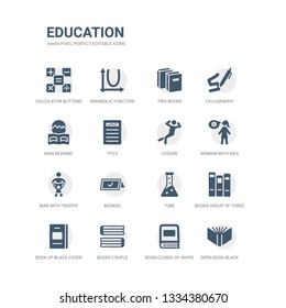 simple set of icons such as open book black cover, book closed of white cover, books couple, book of black cover, books group three from side view, tube, booked, man with trophy, woman with idea,