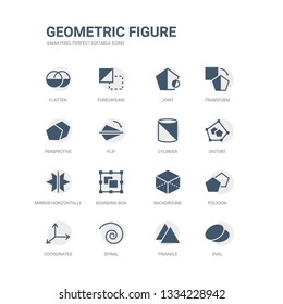 simple set of icons such as oval, triangle, spiral, coordinates, polygon, background, bounding box, mirror horizontally, distort, cylinder. related geometric figure icons collection. editable 64x64