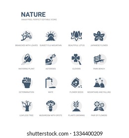 simple set of icons such as pair of flowers, plants growing, mushroom with spots, leafless tree, mountains and falling snowflakes, flower seeds, wate, determination, park bench, clovers. related