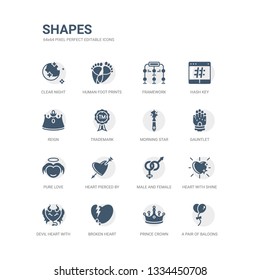 simple set of icons such as a pair of baloons of hearts, prince crown, broken heart, devil heart with wings, heart with shine, male and female, pierced by an arrow, pure love, gauntlet, morning