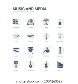 simple set of icons such as panpipe, cello, mandolin, cabasa, drumstick, bagpipes, timpani, clave, diapason, oboe. related music and media icons collection. editable 64x64 pixel perfect.