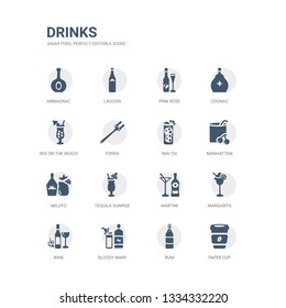 simple set of icons such as paper cup, rum, bloody mary, wine, margarita, martini, tequila sunrise, mojito, manhattan, mai tai. related drinks icons collection. editable 64x64 pixel perfect.