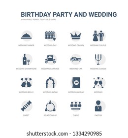 simple set of icons such as pastor, queue, relationship, sweet, wedding, wedding album, wedding altar, bells, candle, car. related birthday party and icons collection. editable 64x64 pixel perfect.