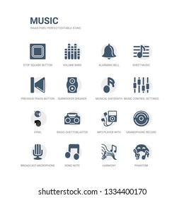 simple set of icons such as phantom, harmony, song note, broadcast microphone, gramophone record, mp3 player with headphones, radio ghettoblaster, vynil, music control settings button, musical