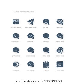 simple set of icons such as photo album, octuber 31, in love smile, smile smile, smiling crying winking joyful sceptic wink related ui icons collection. editable 64x64 pixel perfect.