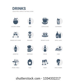 simple set of icons such as pint of beer, toast, tuba, picnic table, ham, violin, beer mug, absinthe, apple juice, brandy glass. related drinks icons collection. editable 64x64 pixel perfect.