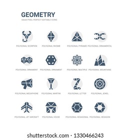 simple set of icons such as polygonal hexagon, polygonal hexagonal, polygonal house or home building, jet aircraft, jewel, letter z of small triangles, martini glass shape, megaphone, mountains,