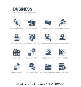 simple set of icons such as pounds coins stack, pounds bag of business, dollar on business time, businessman with pounds message in a speech bubble, down graphic of business stats, euro coin on