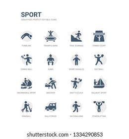 simple set of icons such as powerlifting, racewalking, rallycross, rinkball, sailboat sport, shuttlecock, snooker, snowmobile sport, softball, sport goggles. related icons collection. editable 64x64