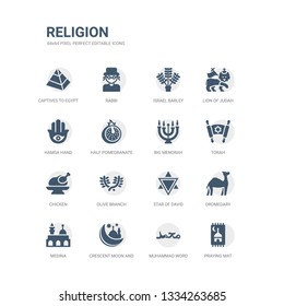 simple set of icons such as praying mat, muhammad word, crescent moon and star, medina, dromedary, star of david, olive branch, chicken, torah, big menorah. related religion icons collection.