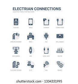 simple set of icons such as privacy, low, cctv, files and folders, router, audio jack, usb, web camera, wall socket, vga. related electrian connections icons collection. editable 64x64 pixel