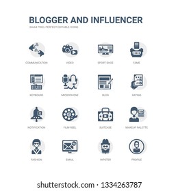 simple set of icons such as profile, hipster, email, fashion, makeup palette, suitcase, film reel, notification, rating, blog. related blogger and influencer icons collection. editable 64x64 pixel