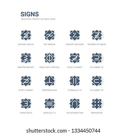 simple set of icons such as proportion, the intersection of, identical to, there exists, is a subset of, is parallel to, perpendicular, is not a subset, a subset not related signs icons collection.