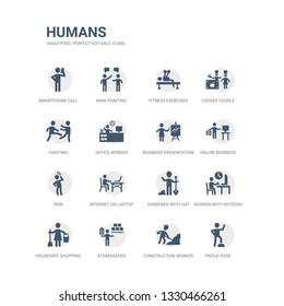 simple set of icons such as proud pose, construction worker, storekeeper, housewife shopping, worker with notepad, gardener with hat, internet on laptop computer, pain, online business, business