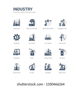 simple set of icons such as pump jack, refinery, oil rig, extraction, oil price, fossil fuels, oiler, chemical, hand pump, oil tanker. related industry icons collection. editable 64x64 pixel
