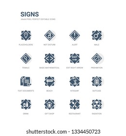 simple set of icons such as radiation, restaurant, gift shop, drink, suitcase, kitesurf, beach, text documents, prohibition, exit right arrow. related signs icons collection. editable 64x64 pixel