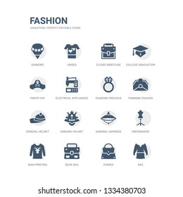 simple set of icons such as rag, purses, book bag, man printing, dressmaker, samurai japanese hat, samurai helmet, general helmet, feminine fashion handbag for money, diamond precious stone. related