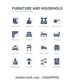 simple set of icons such as refrigerator, shelf, table lamp, water dispenser, fauteuil, fainting couch, davenport, canopy bed, sleigh bed, daybed. related furniture and household icons collection.