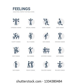 simple set of icons such as relaxed human, relieved human, rough human, sad safe satisfied sca sexy shocked sick related feelings icons collection. editable 64x64 pixel perfect.