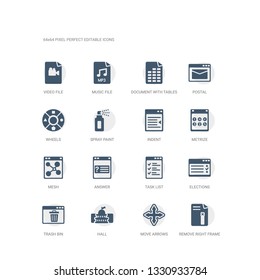 simple set of icons such as remove right frame, move arrows, hall, trash bin, elections, task list, answer, mesh, metrize, indent. related ui icons collection. editable 64x64 pixel perfect.