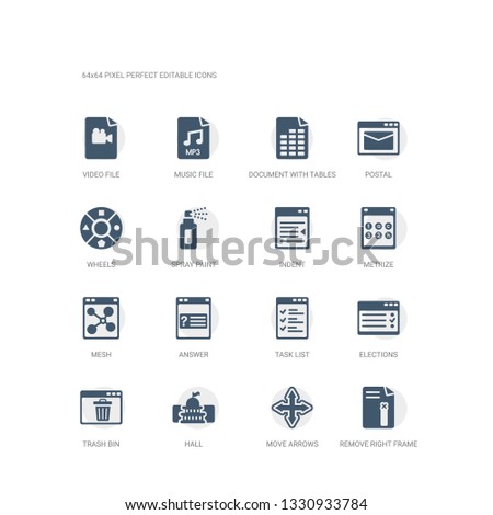 simple set of icons such as remove right frame, move arrows, hall, trash bin, elections, task list, answer, mesh, metrize, indent. related ui icons collection. editable 64x64 pixel perfect.