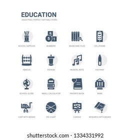 simple set of icons such as research with books, canvas, pie chart, cart with books, bank, favorite book, small calculator, school globe, halfway, musical note. related education icons collection.