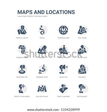 simple set of icons such as restaurant, right chevron, rolled up map, rose of the winds, sailboat, satellite, segment path, shopping pin, street map, street view. related maps and locations icons