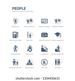 simple set of icons such as restroom, baby zone, road crossing, babysitter and child, walking downstairs, downstairs, handicapped, foreign reporter, students graduation hat, identification ard.