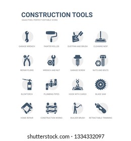 simple set of icons such as retractable trimming knife, builder brush, construction works, home repair, blade saw, hook with cargo, plumbing pipes, blowtorch, nuts and bolts, garage screw. related