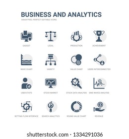 simple set of icons such as revenue, round value chart, search analytics, setting flow interface, sine waves analysis, stock data analysis, stock market, user stats, users interconnected, value