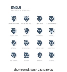 simple set of icons such as rich emoji, sad emoji, sca emoji, sceptic secret shocked shushing shy sick silent related icons collection. editable 64x64 pixel perfect.