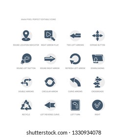 simple set of icons such as right, left turn, left reverse curve, recycle, crossroads, curve arrows, circular arrow, double arrows, downloading, refresh left arrow. related ui icons collection.