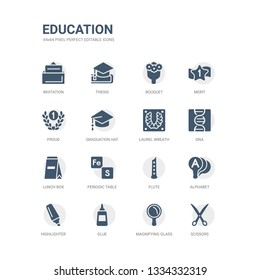 simple set of icons such as scissors, magnifying glass, glue, highlighter, alphabet, flute, periodic table, lunch box, dna, laurel wreath. related education icons collection. editable 64x64 pixel
