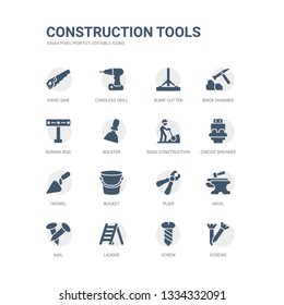 simple set of icons such as screws, screw, ladder, nail, anvil, plier, bucket, trowel, circuit breaker, road construction. related construction tools icons collection. editable 64x64 pixel perfect.