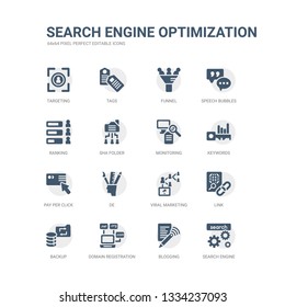 simple set of icons such as search engine, blogging, domain registration, backup, link, viral marketing, de, pay per click, keywords, monitoring. related search engine optimization icons collection.