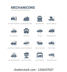 simple set of icons such as searching for car, car in a garage, car at gas station, and headphones, pick up truck, sale in euros, with cogwheels, with heat problems, rectangular taxi side. related