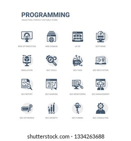 simple set of icons such as seo consulting, seo funnel, seo growth, keywords, management, monitoring, ranking, report, reputation, tags. related programming icons collection. editable 64x64 pixel