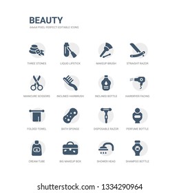 simple set of icons such as shampoo bottle, shower head, big makeup box, cream tube, perfume bottle, disposable razor, bath sponge, folded towel, hairdryer facing left, inclined bottle. related