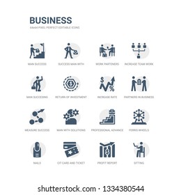 simple set of icons such as sitting, profit report, cit card and ticket, nails, ferris wheels, professional advance, man with solutions, measure success, partners in business, increase rate. related