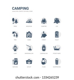 simple set of icons such as sleeping bag, flask, outlet, matches, pocket knife, camping gas, marshmallow, lamp, toilet, forest. related camping icons collection. editable 64x64 pixel perfect.