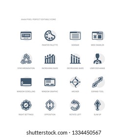 simple set of icons such as slim up, rotate left, opposition, right settings, expand tool, archer, window graphic, window scrolling right, user exchange, decreasing bars chart. related ui icons